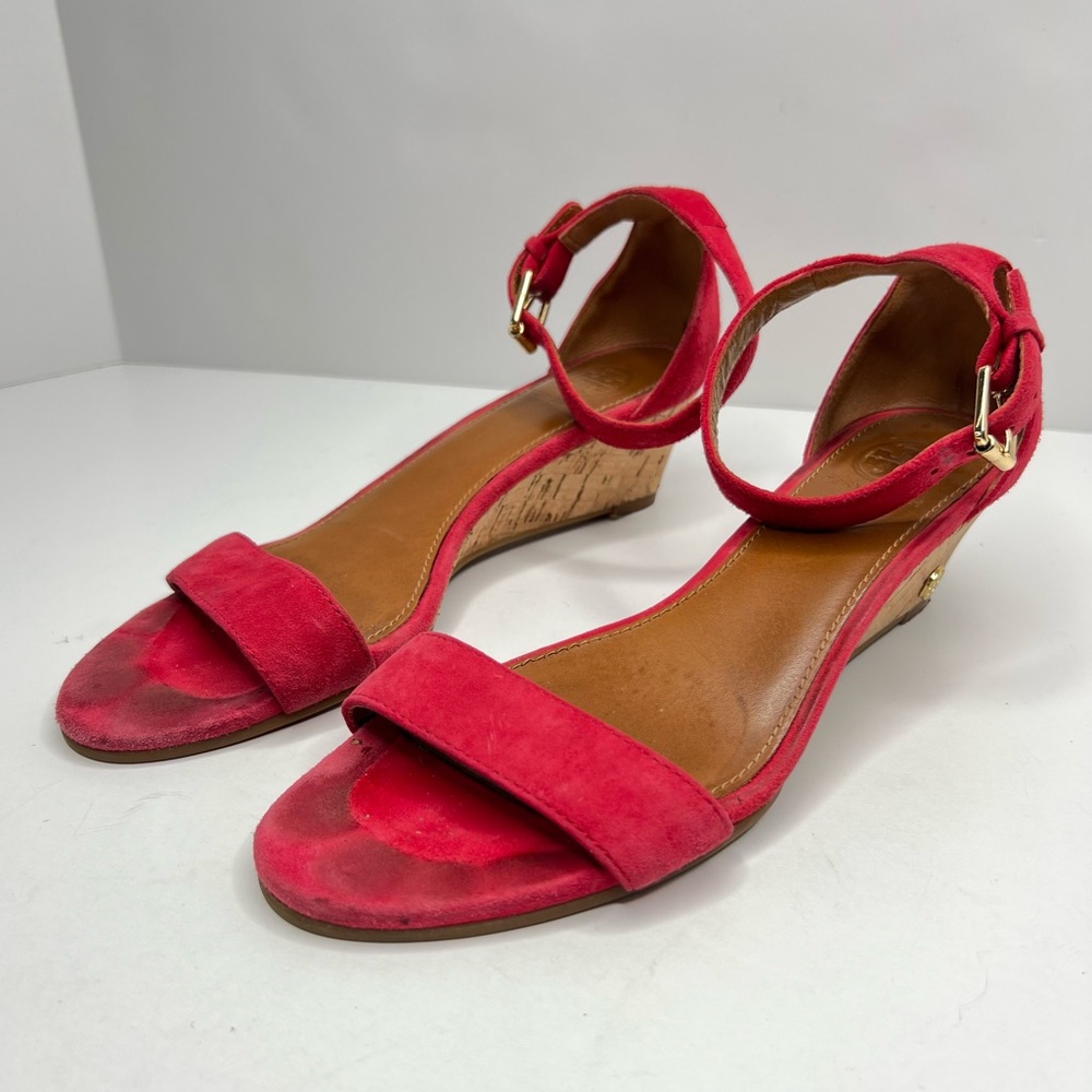 Tory Burch Savannah Suede Cork Wedge Sandals Red Size 7